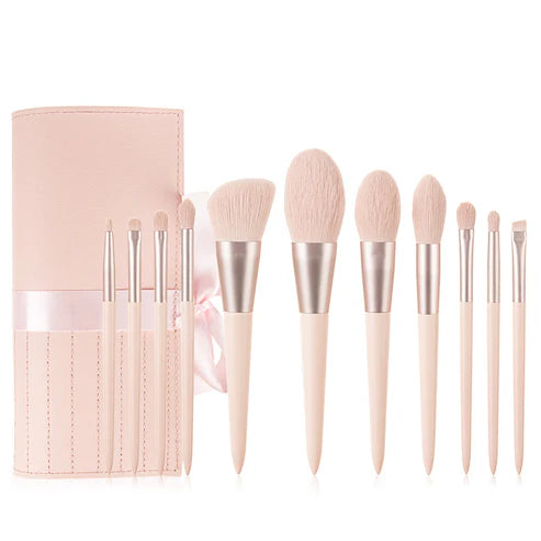 makeup brush set, 11 piece pink makeup brushes, wooden handle beauty brushes, artificial fiber makeup brushes, portable makeup brush kit, pink ribbon powder bag brushes