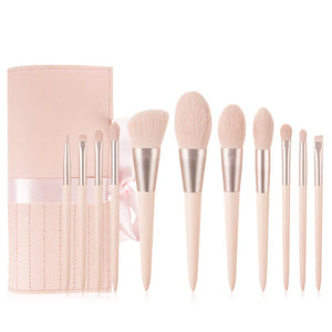 makeup brush set, 11 piece pink makeup brushes, wooden handle beauty brushes, artificial fiber makeup brushes, portable makeup brush kit, pink ribbon powder bag brushes