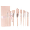 makeup brush set, 11 piece pink makeup brushes, wooden handle beauty brushes, artificial fiber makeup brushes, portable makeup brush kit, pink ribbon powder bag brushes