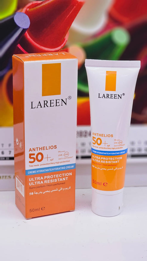 Lareen Anthelios SPF 50+ cream, hydrating sunscreen, UVA UVB protection, ultra-resistant sunscreen, moisturizing sun cream, anti-oxidant sunscreen, daily sun protection, sensitive skin sunscreen, SPF 50+ cream, high-protection sunscreen, lightweight sun cream, non-perfumed sunscreen